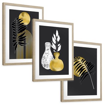 Zestaw obrazy w ramie, plakaty - liście, złoto, abstrakcja - rama drewno