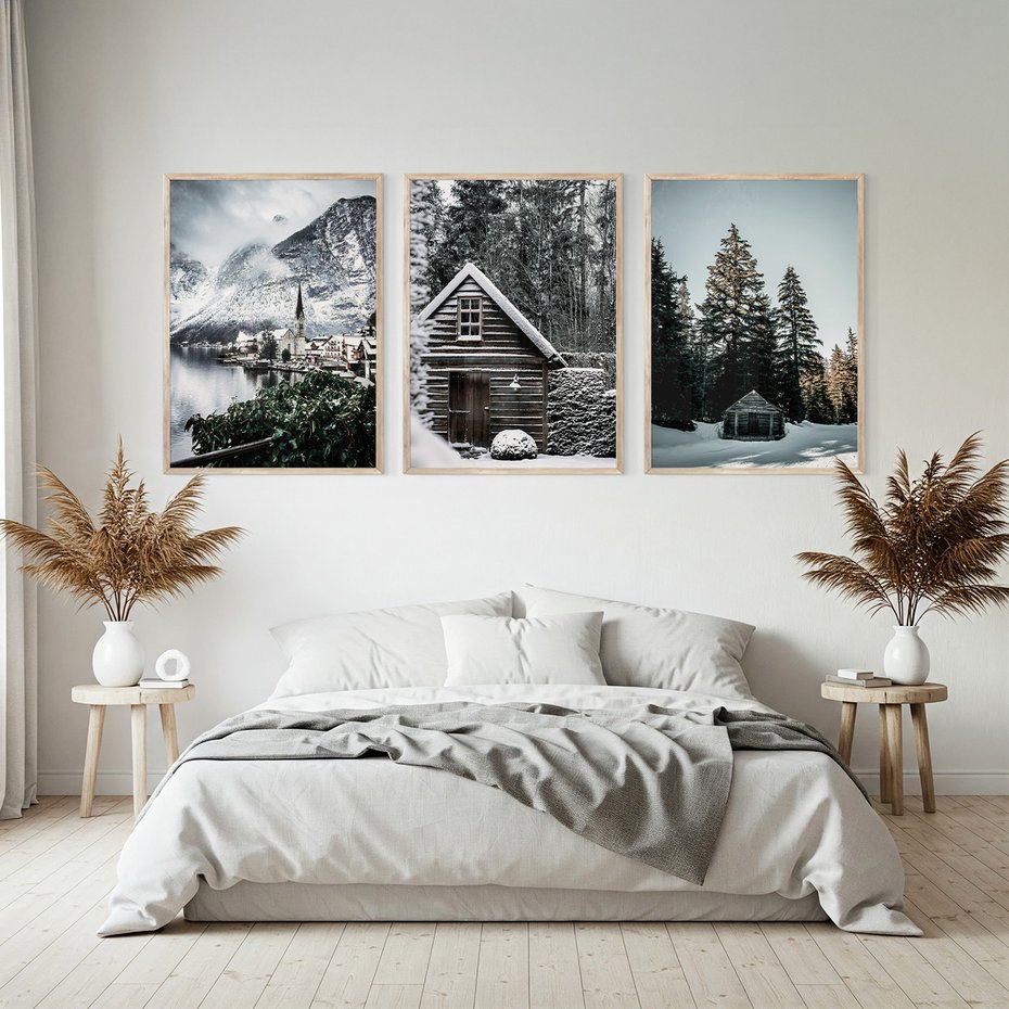 Zestaw obrazy w ramie, plakaty - zima, śnieg, krajobraz - rama drewno