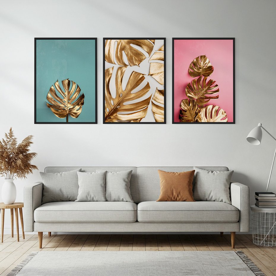 Zestaw obrazy w ramie, plakaty - liście, złoty, monstera - rama czarna