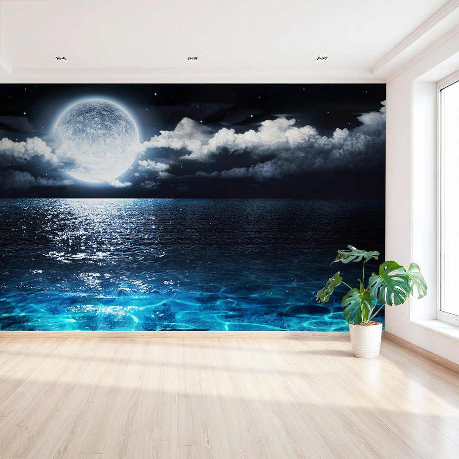 Fototapeta - księżyc, morze, noc