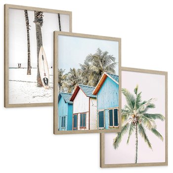 Zestaw obrazy w ramie, plakaty - palmy, plaża, domki - rama drewno