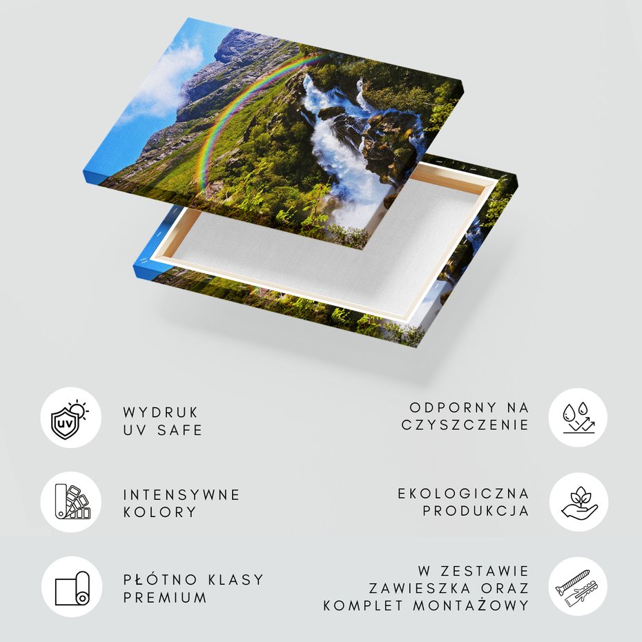 Obraz na płótnie - wodospad, góry, tęcza