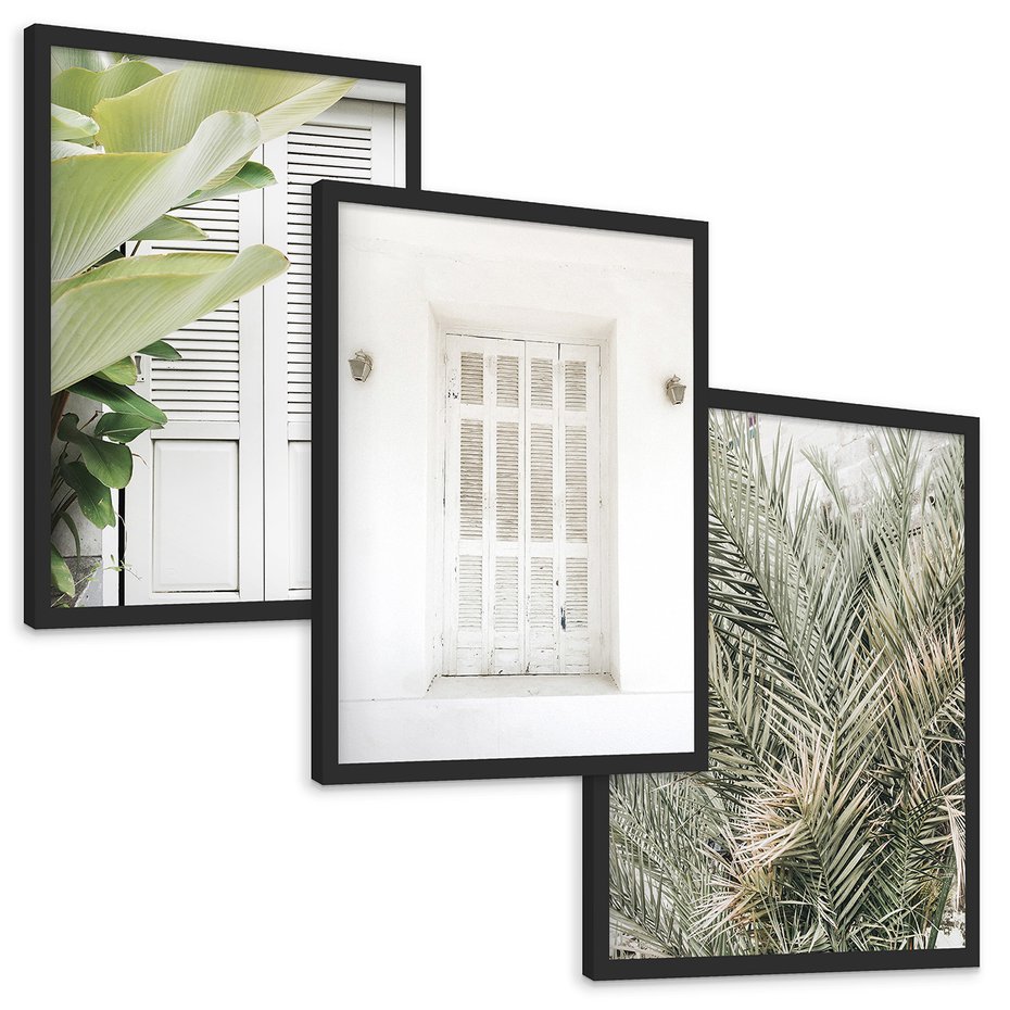 Zestaw obrazy w ramie, plakaty - liście, okno, ściana - rama czarna