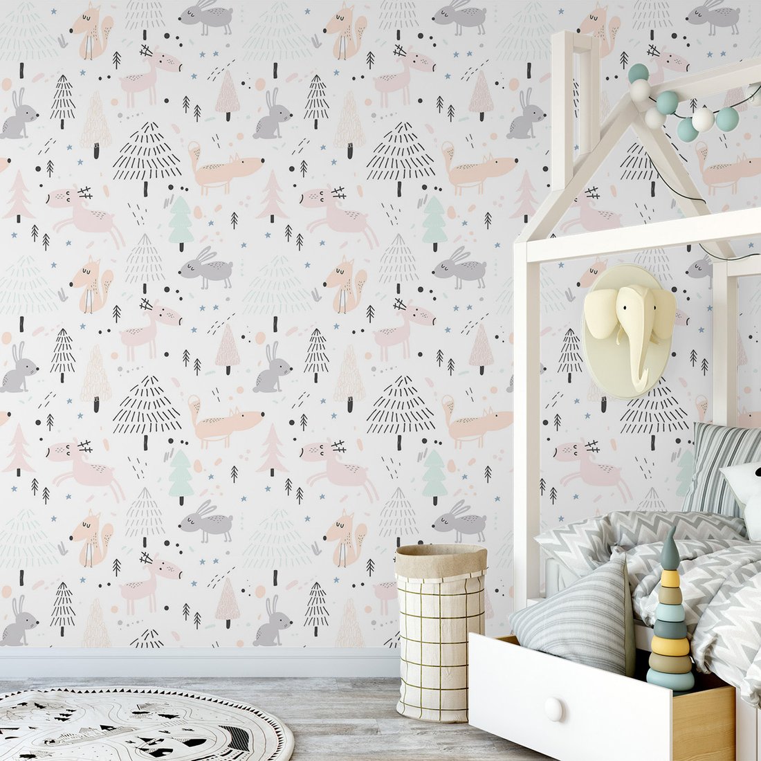 Tapeta - dziecięca, lisy, jelenie, drzewa
