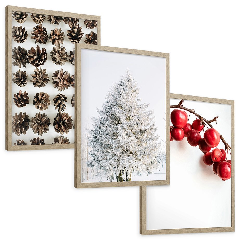 Zestaw obrazy w ramie, plakaty - szyszki, jabłka, zima - rama drewno