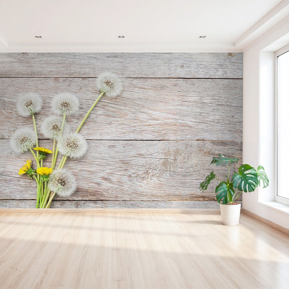 Fototapeta - dmuchawce, kwiaty, drewno