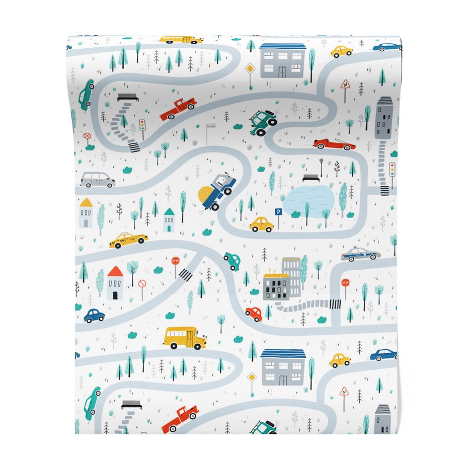 Tapeta - dziecięca, miasto, samochody, drzewa