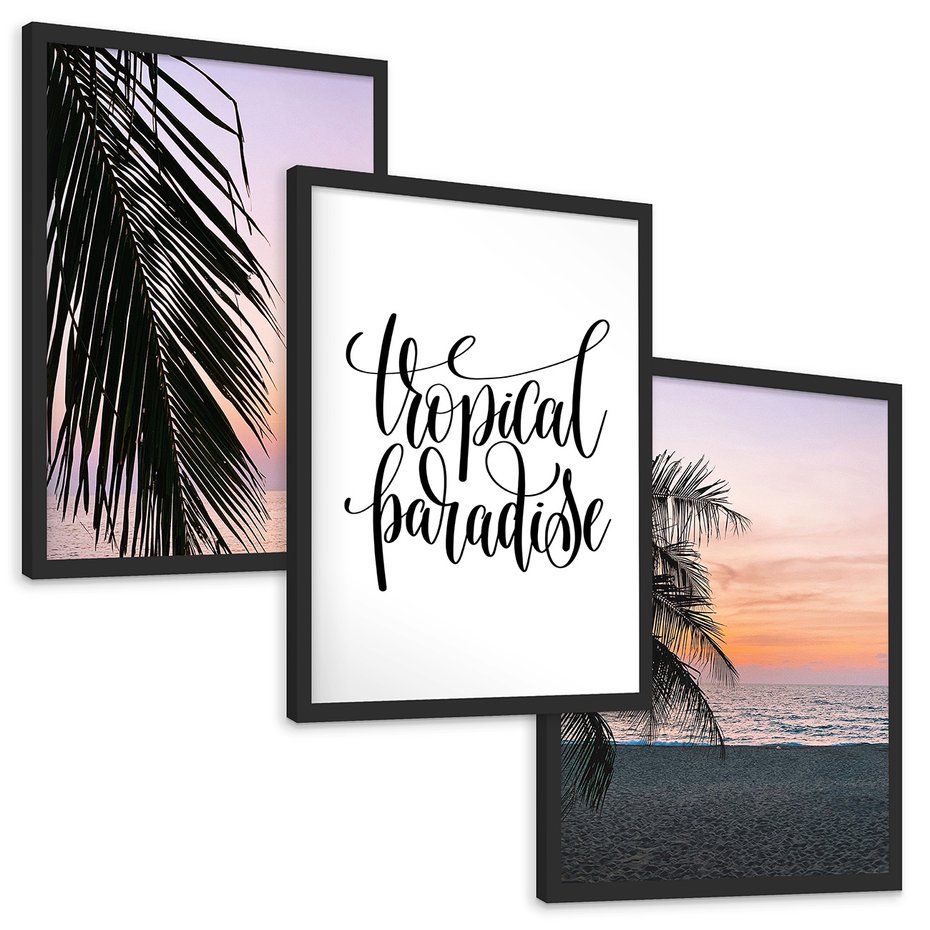 Zestaw obrazy w ramie, plakaty - palma, tropiki, morze - rama czarna
