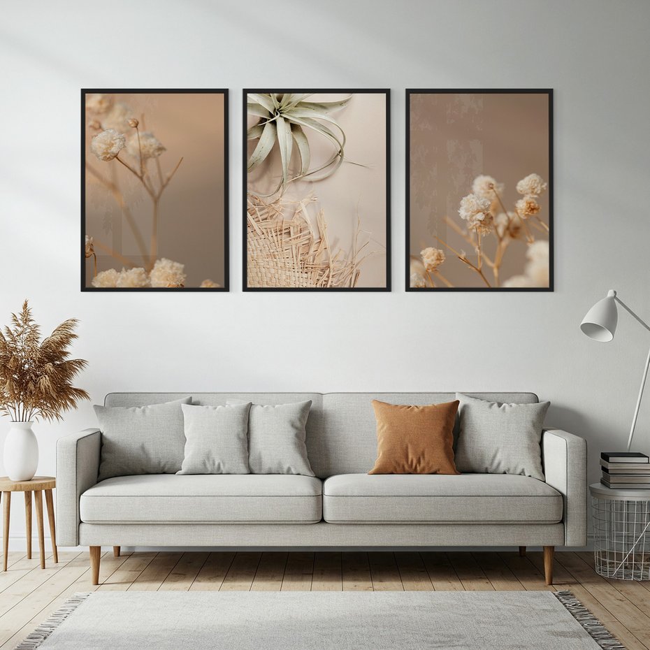 Zestaw obrazy w ramie, plakaty - kwiaty, roślina, suszone - rama czarna