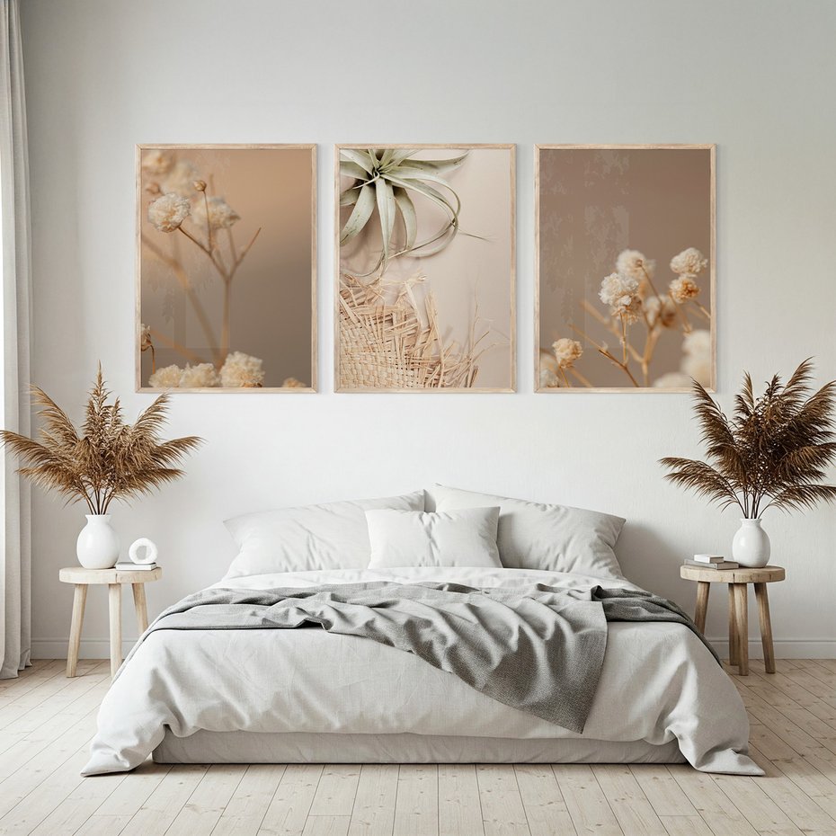 Zestaw obrazy w ramie, plakaty - kwiaty, roślina, suszone - rama drewno