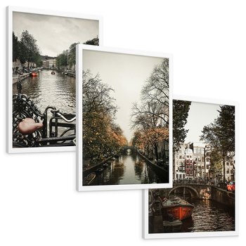 Zestaw obrazy w ramie, plakaty - Amsterdam, kanał, miasto - rama biała
