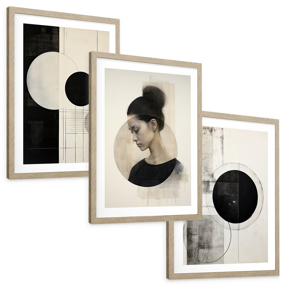 Zestaw obrazy w ramie, plakaty - abstrakcja,portret,geometria - rama drewno