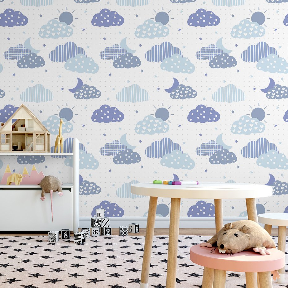 Tapeta - dziecięca, chmury, gwiazdy, księżyc