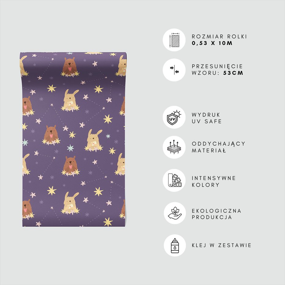 Tapeta - dziecięca, królik, gwiazdy, misie