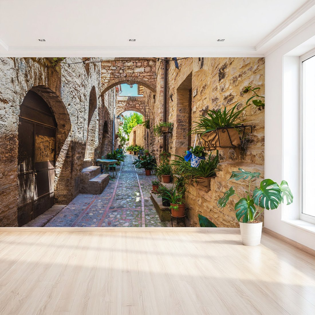 Fototapeta - uliczka, kamień, kwiaty