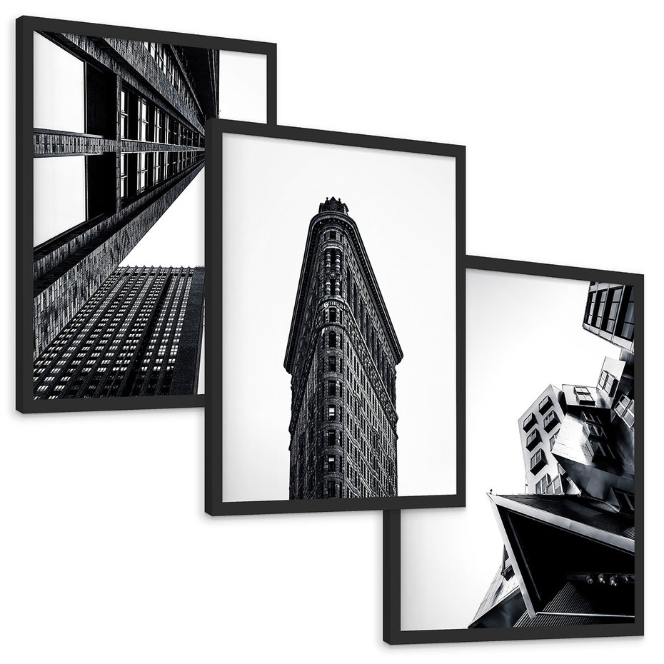 Zestaw obrazy w ramie, plakaty - architektura, budynki, miejski - rama czarna