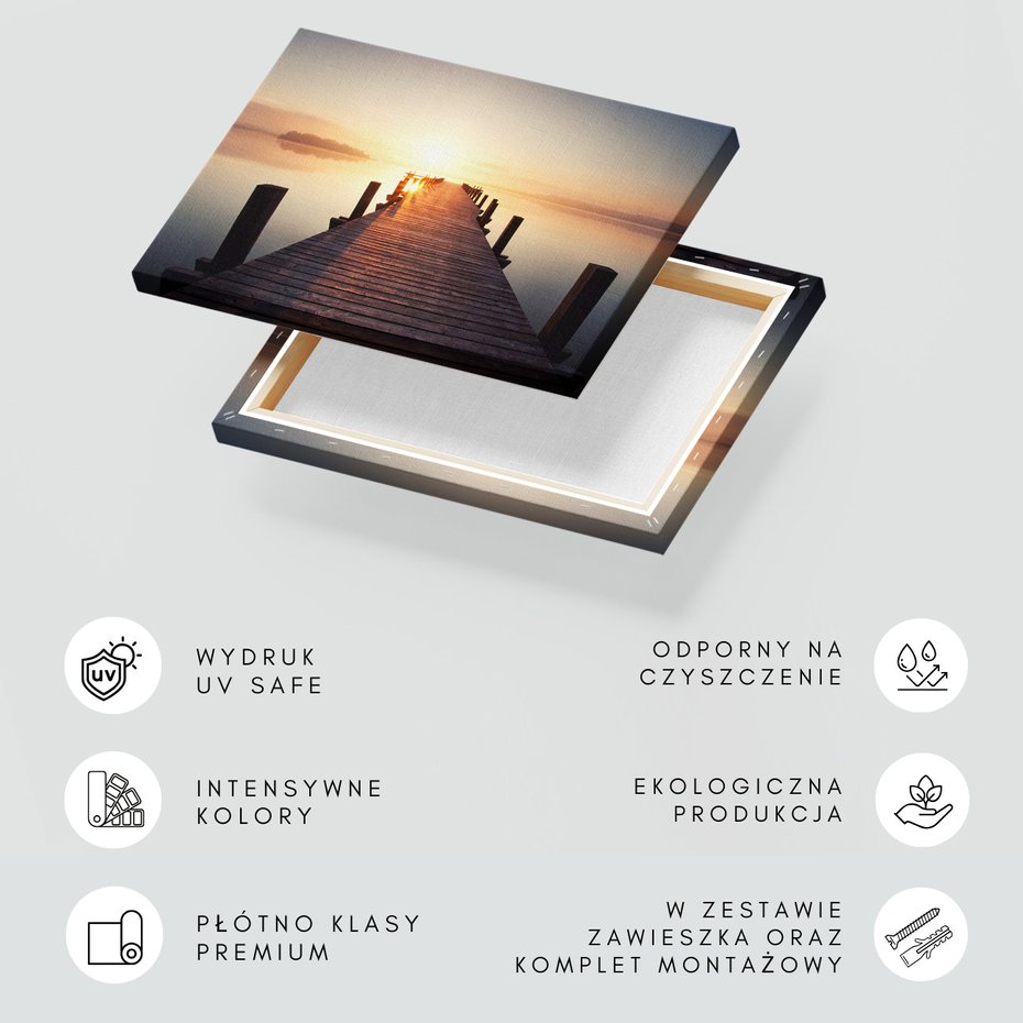 Obraz na płótnie - jezioro, pomost, wschód słońca