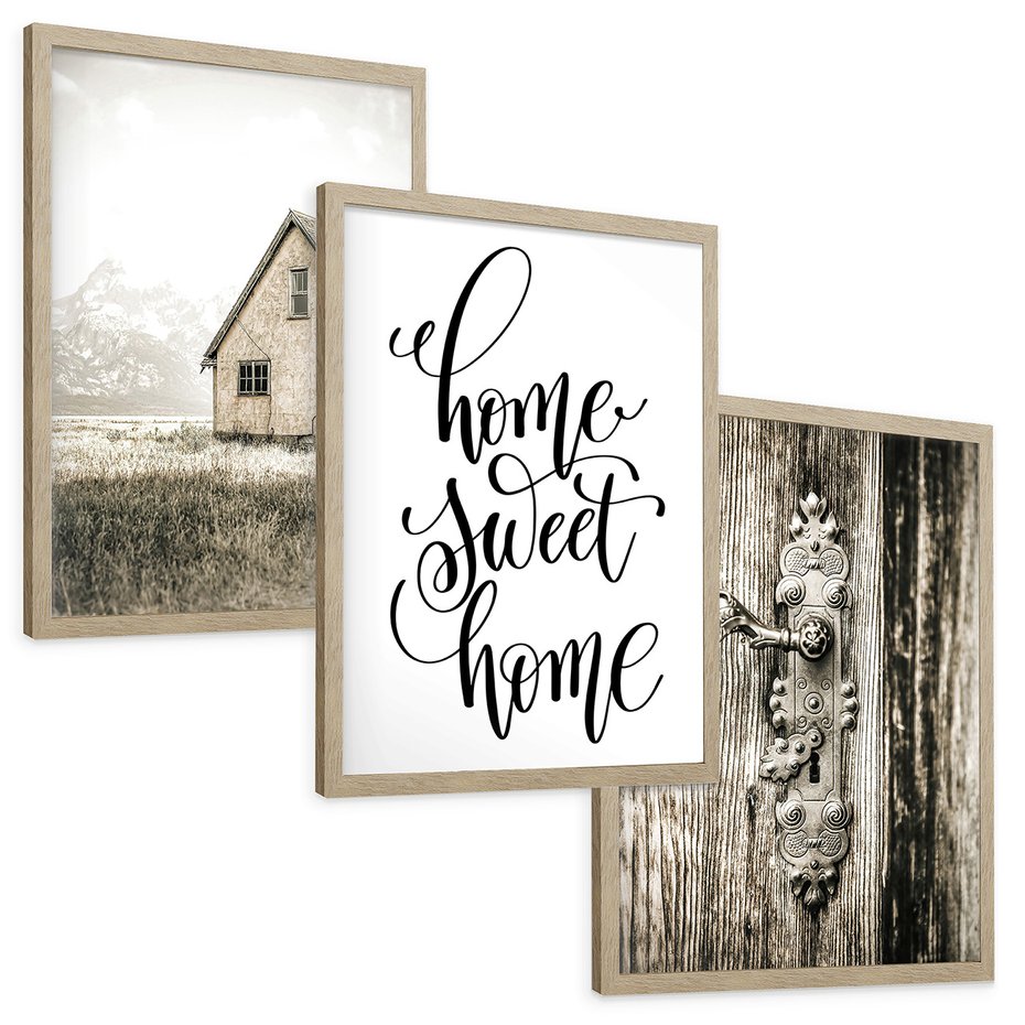 Zestaw obrazy w ramie, plakaty - dom, drzwi, rustykalny - rama drewno