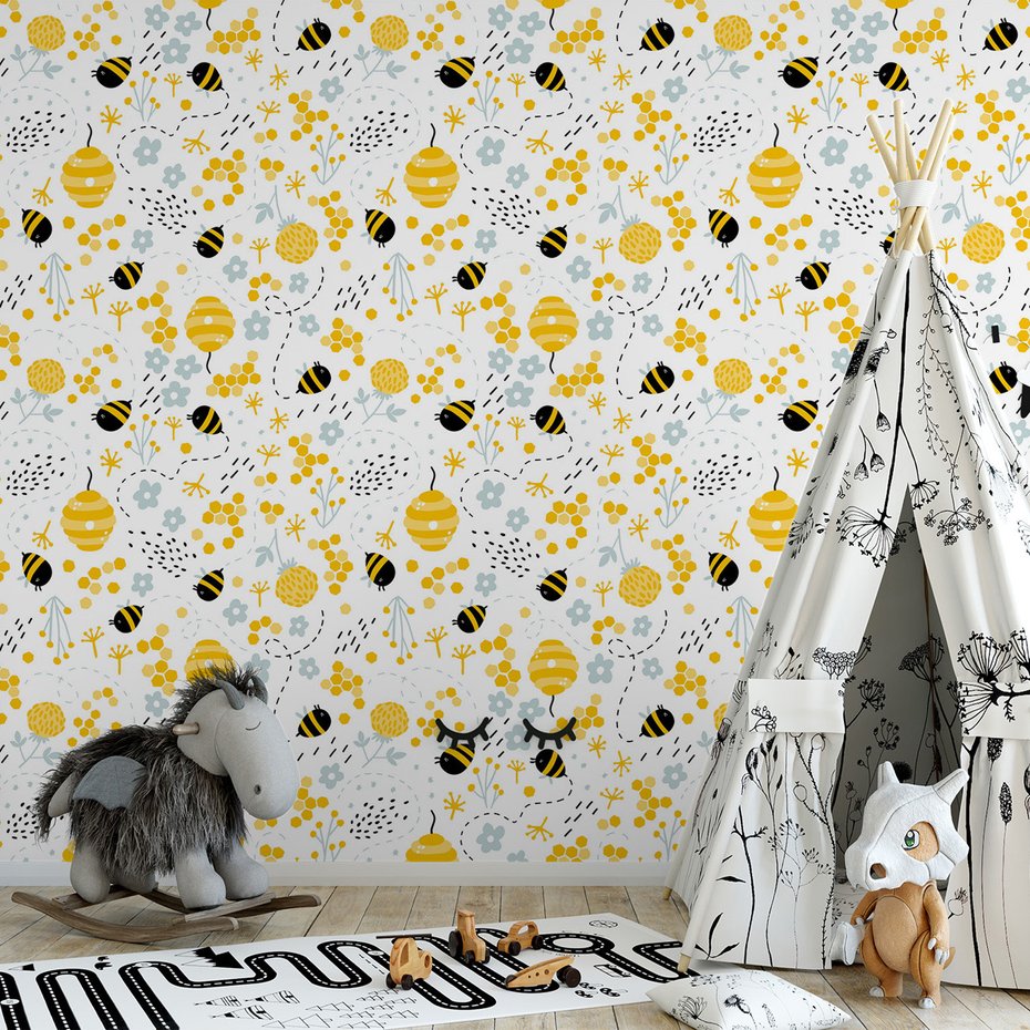 Tapeta - dziecięca, pszczoły, plaster, kwiaty