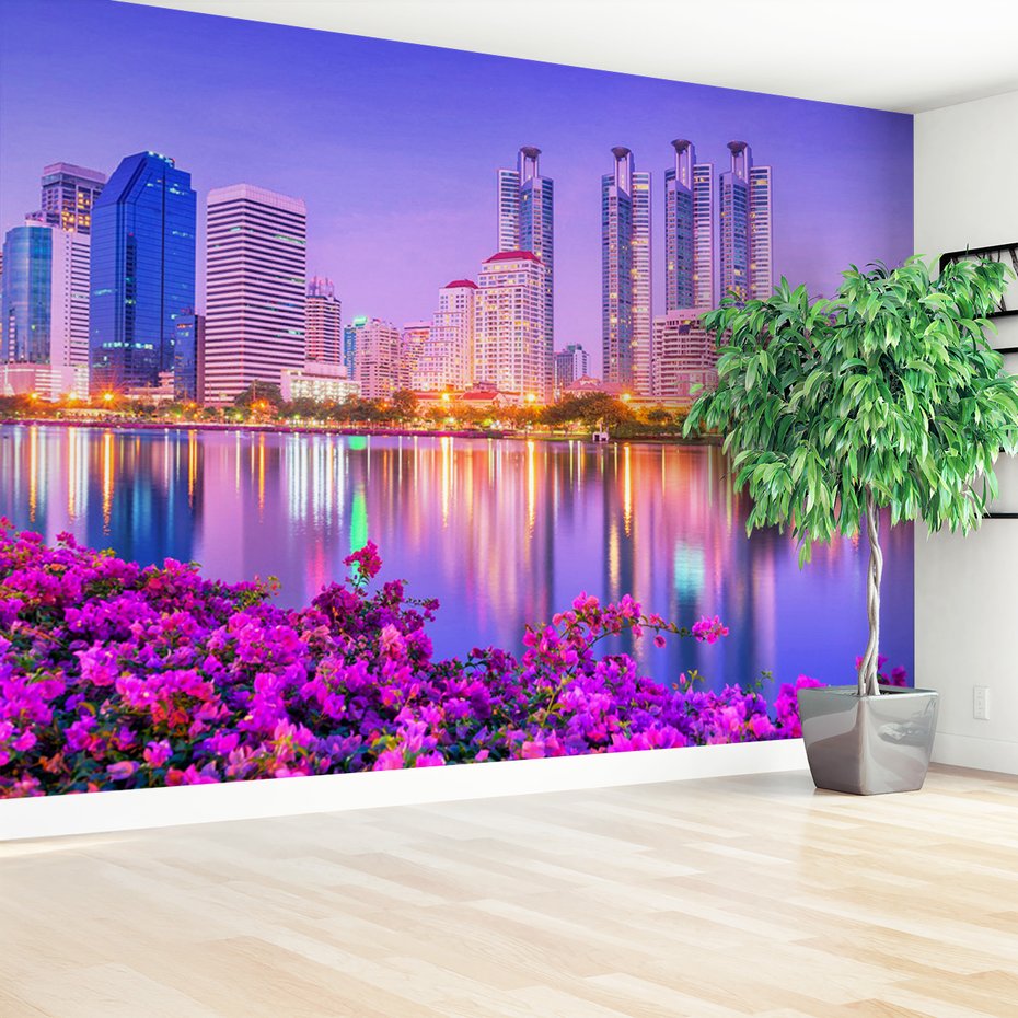 Fototapeta - miasto, kwiaty, woda