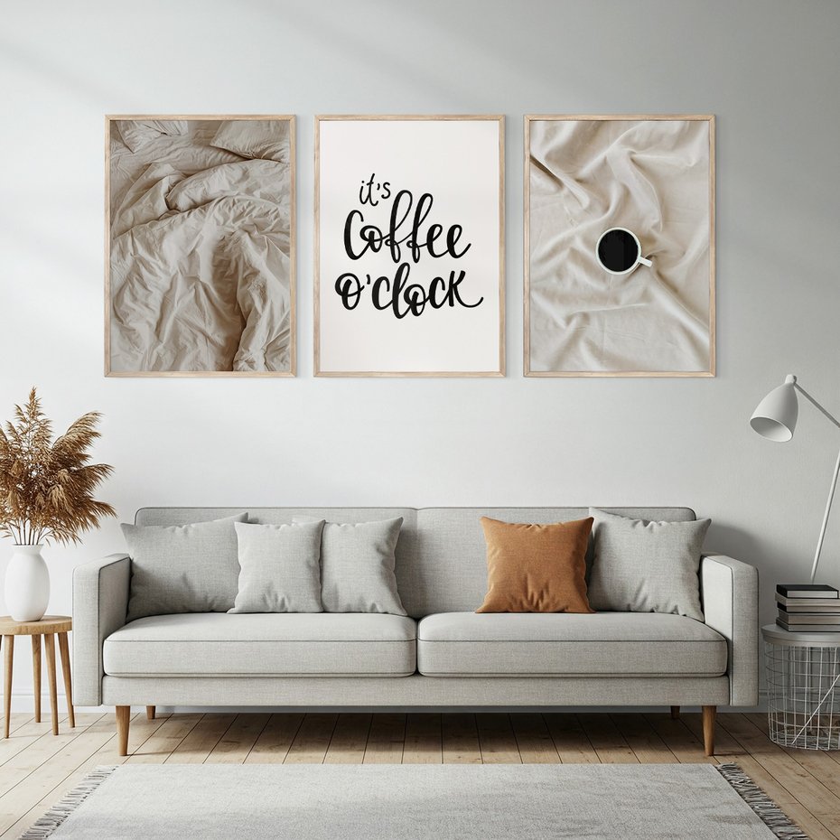 Zestaw obrazy w ramie, plakaty - pościel, kawa, relaks - rama drewno