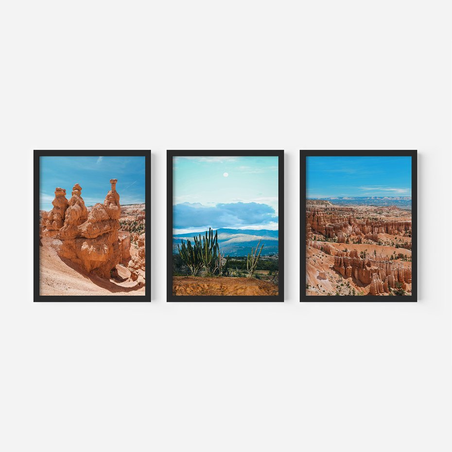 Zestaw obrazy w ramie, plakaty - formacje skalne, kanion, kaktusy - rama czarna