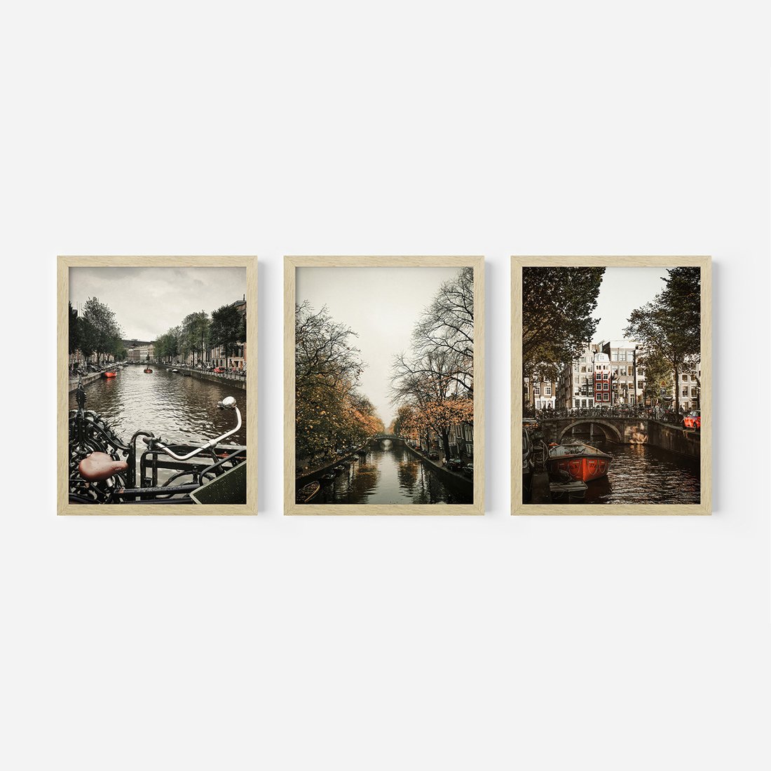 Zestaw obrazy w ramie, plakaty - Amsterdam, kanał, miasto - rama drewno