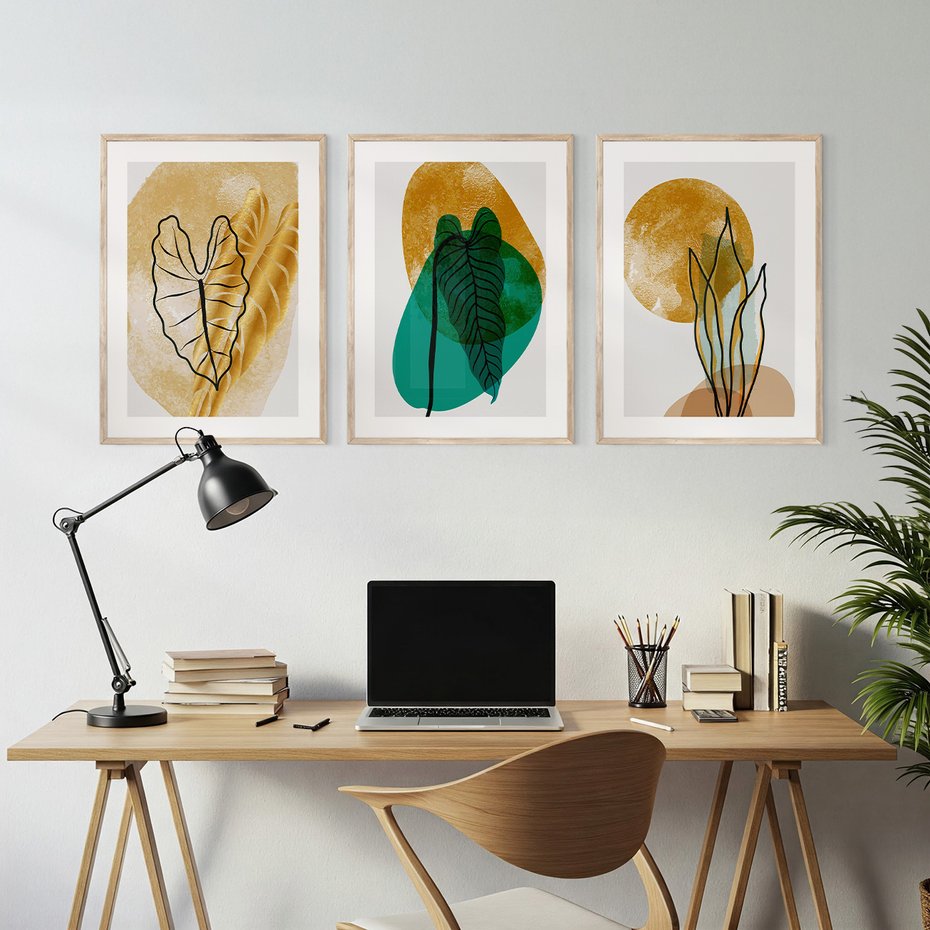 Zestaw obrazy w ramie, plakaty - liście, abstrakcja, rośliny - rama drewno
