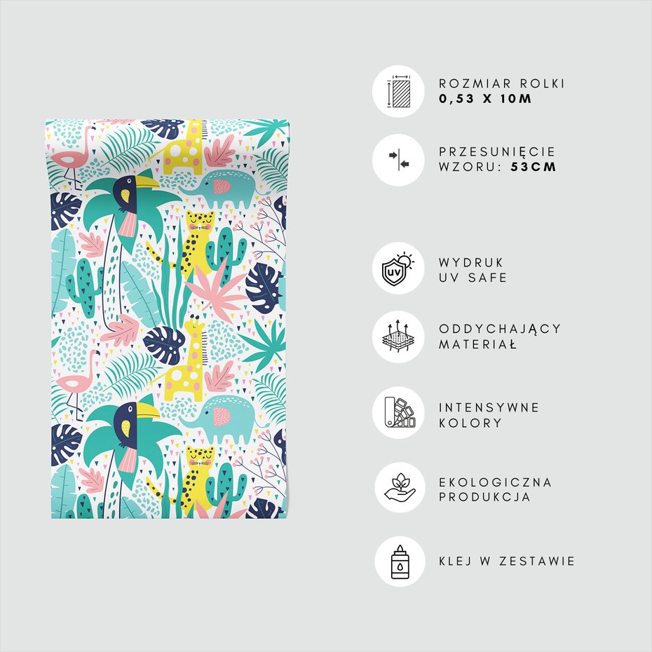 Tapeta - dziecięca, zwierzęta, liście, palma