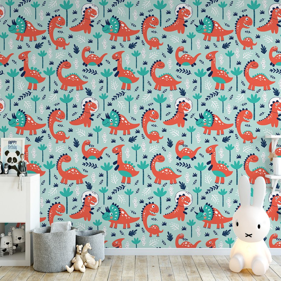 Tapeta - dziecięca, dinozaury, rośliny, tło