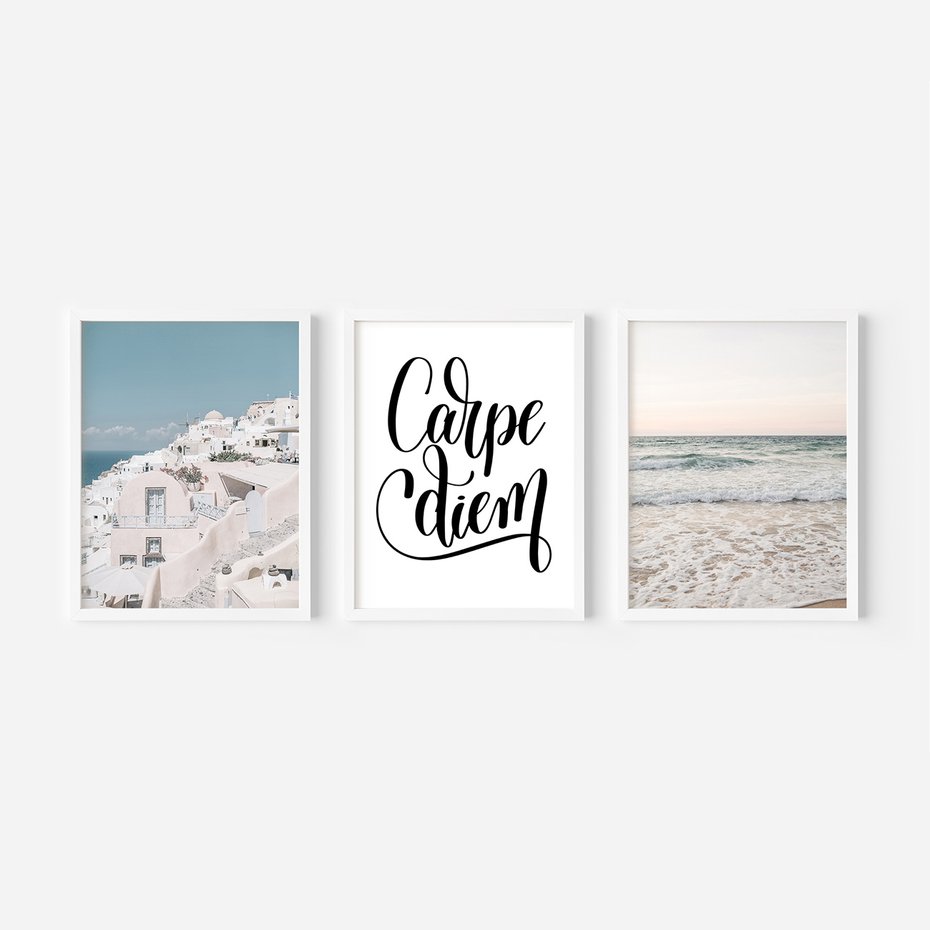 Zestaw obrazy w ramie, plakaty - architektura, morze, plaża - rama biała