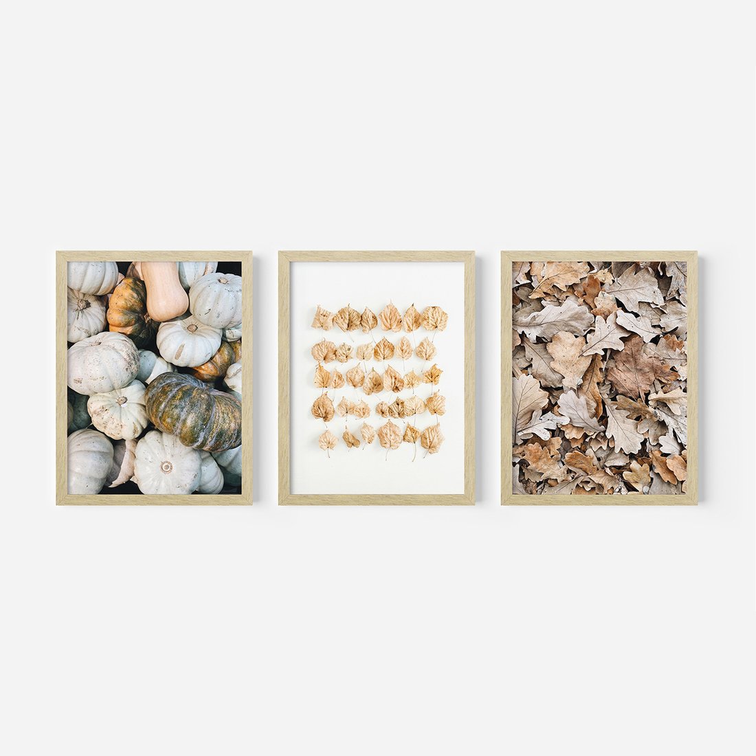 Zestaw obrazy w ramie, plakaty - dynie, liście, jesień - rama drewno