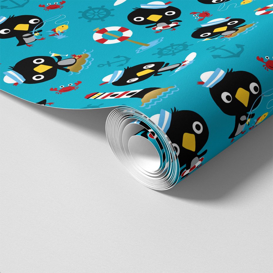 Tapeta - dziecięca, pingwin, morze, kotwica