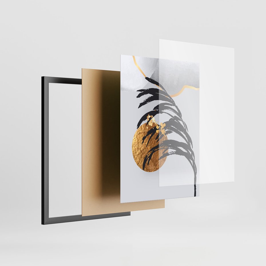 Zestaw obrazy w ramie, plakaty - liście, abstrakcja, złoto - rama czarna