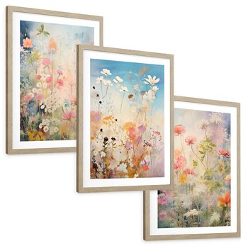 Zestaw obrazy w ramie, plakaty - kwiaty, rośliny, delikatne - rama drewno