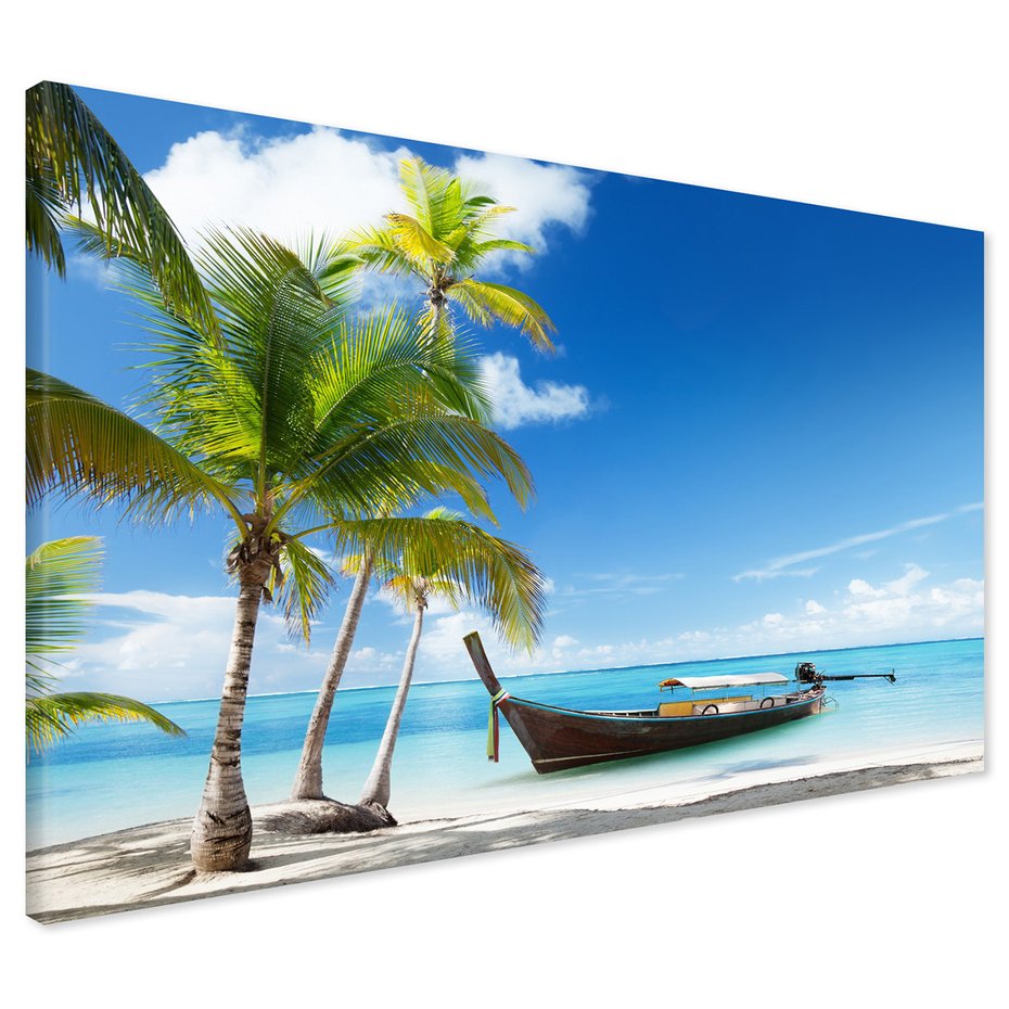 Obraz na płótnie - plaża, palmy, łódź