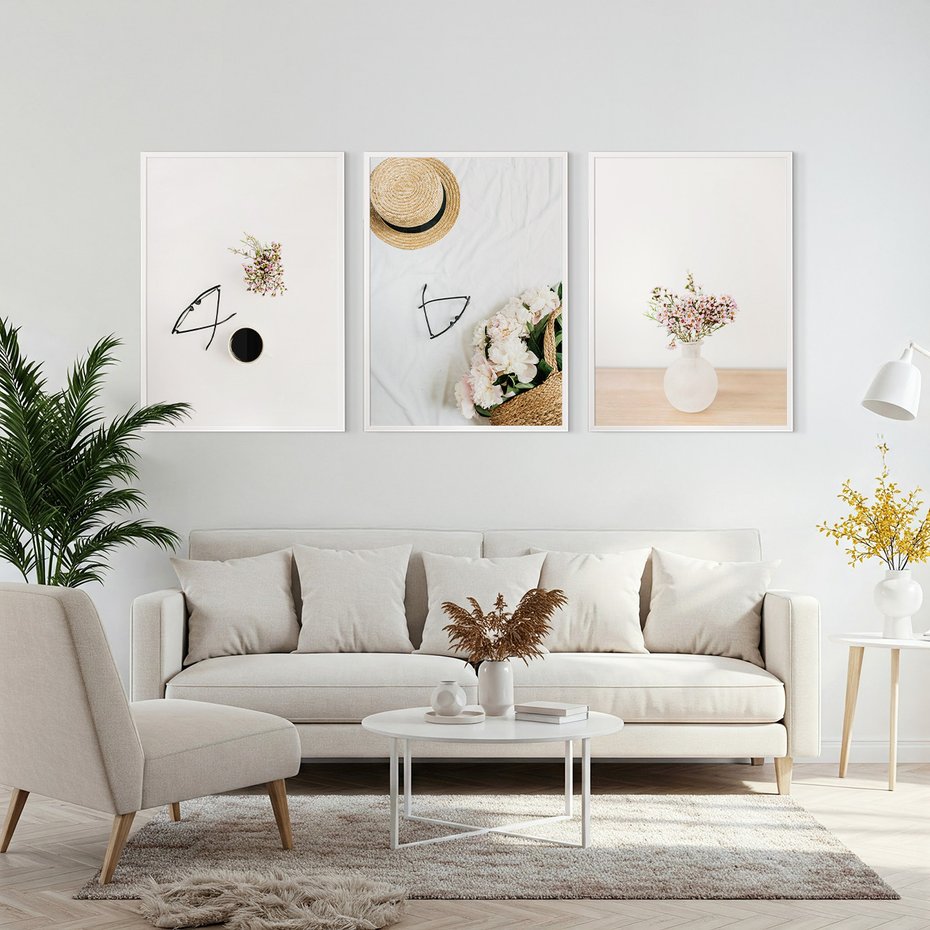 Zestaw obrazy w ramie, plakaty - kwiaty, okulary, kompozycja - rama biała