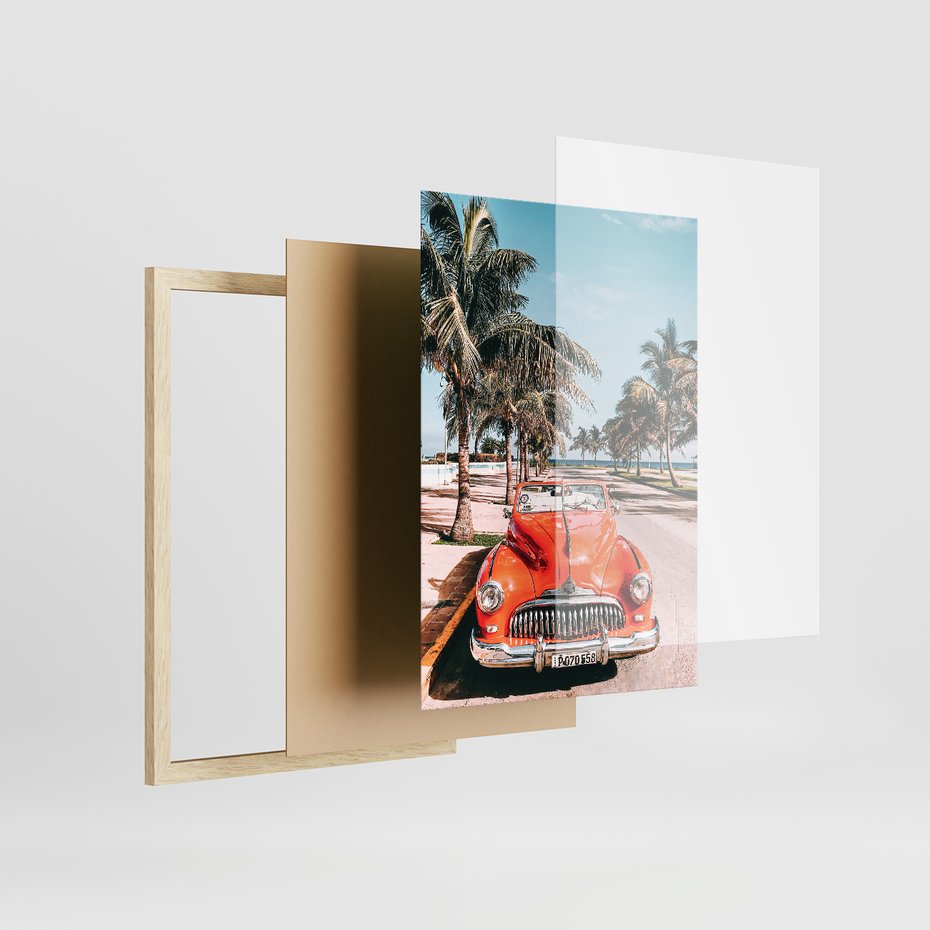 Zestaw obrazy w ramie, plakaty - palmy, plaża, wakacje - rama drewno