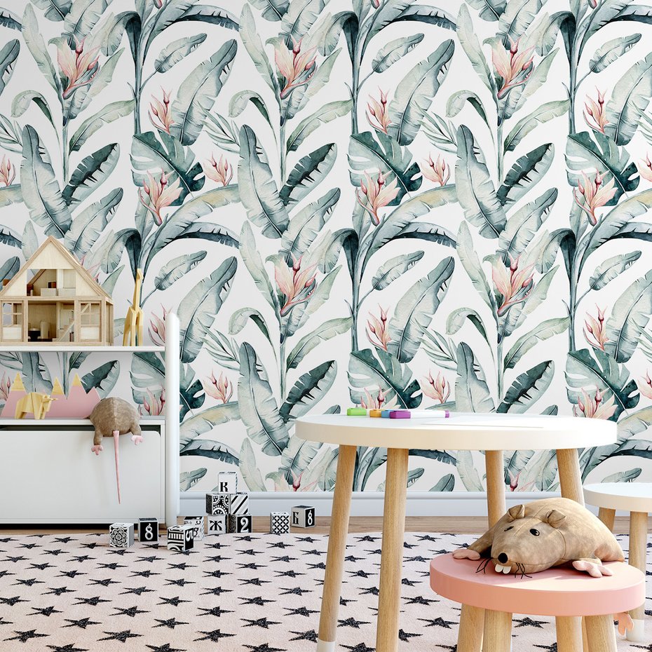 Tapeta - liście, kwiaty, akwarela