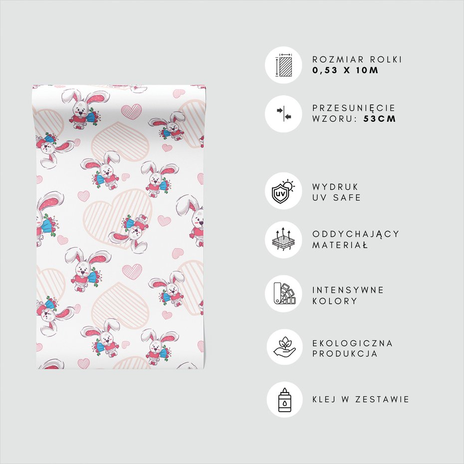 Tapeta - dziecięca, królik, serca, bukiet