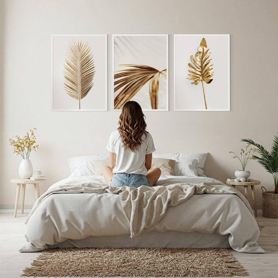 Zestaw obrazy w ramie, plakaty - liście, złoty, dekoracja - rama biała