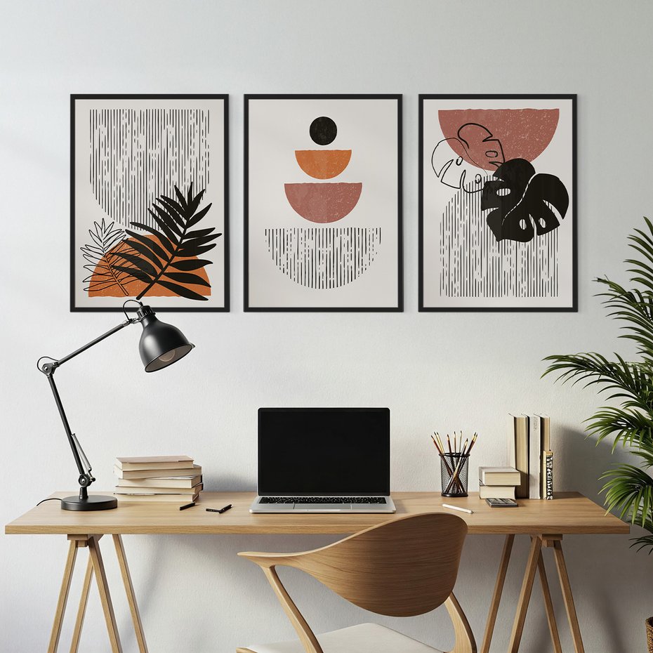 Zestaw obrazy w ramie, plakaty - abstrakcja, liście, minimalizm - rama czarna