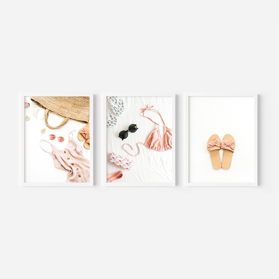 Zestaw obrazy w ramie, plakaty - moda, lato, akcesoria - rama biała