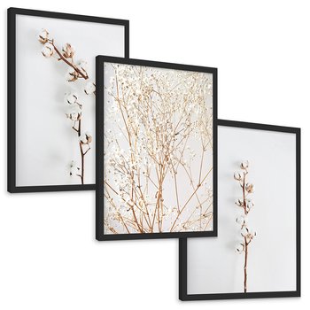 Zestaw obrazy w ramie, plakaty - bawełna, gałązki, delikatny - rama czarna