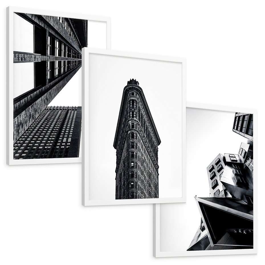 Zestaw obrazy w ramie, plakaty - architektura, budynki, miejski - rama biała