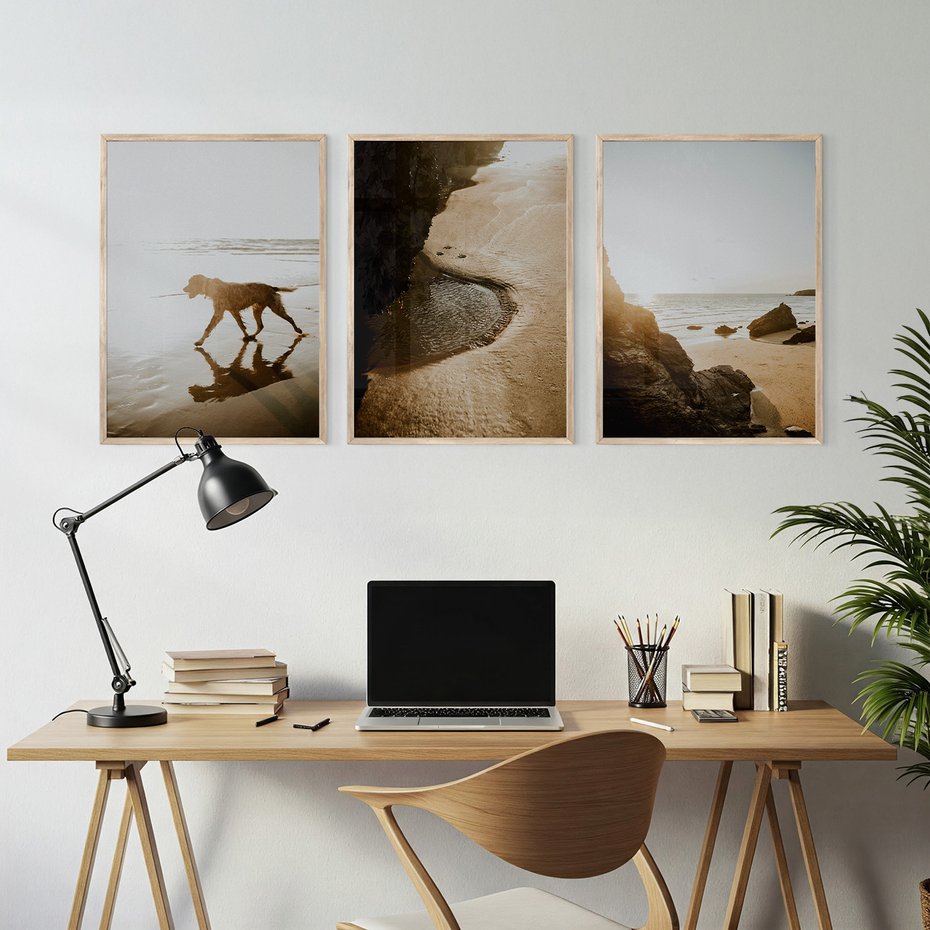 Zestaw obrazy w ramie, plakaty - plaża, morze, pies - rama drewno