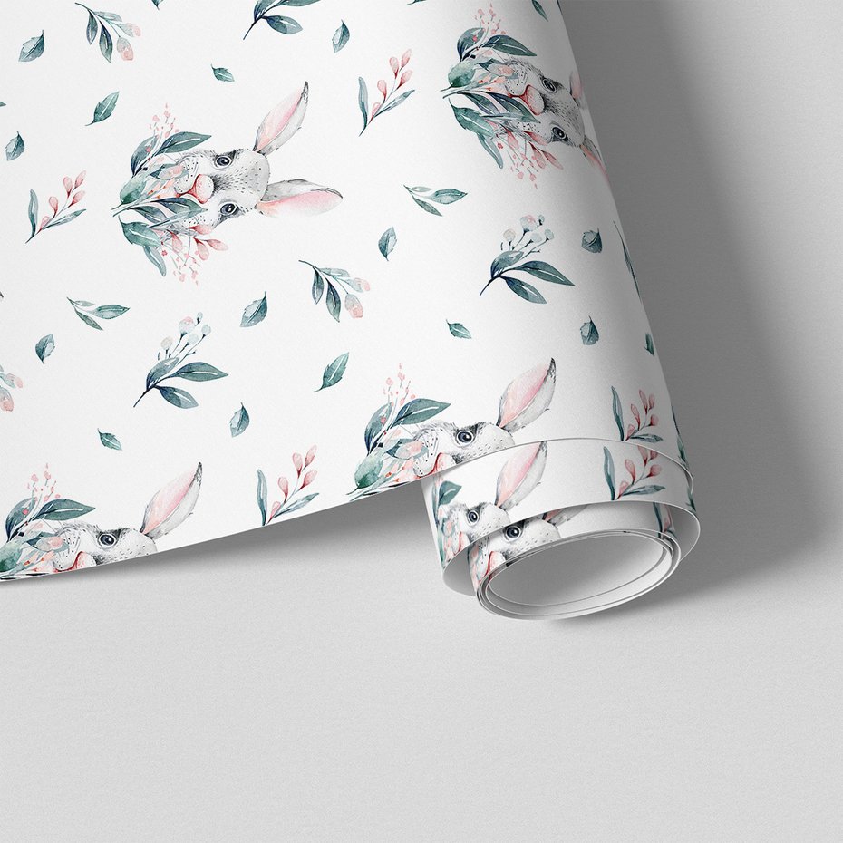 Tapeta - dziecięca, królik, liście, kwiaty