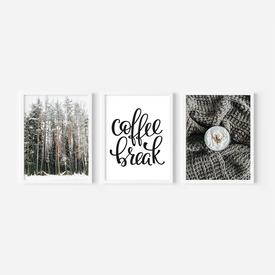 Zestaw obrazy w ramie, plakaty - zima, las, napój - rama biała