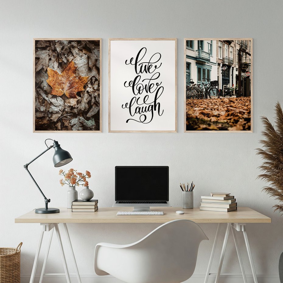 Zestaw obrazy w ramie, plakaty - liście, jesień, napisy - rama drewno