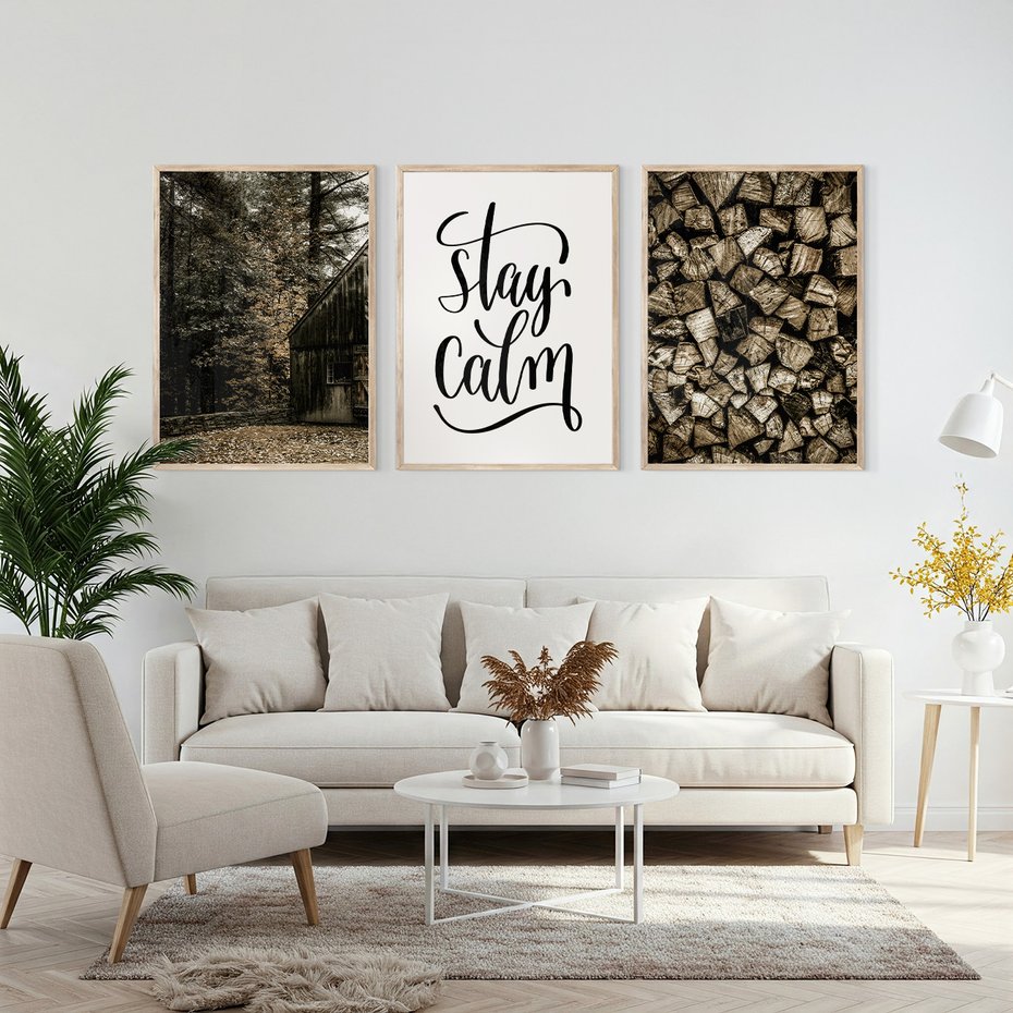 Zestaw obrazy w ramie, plakaty - drewno,domek,las - rama drewno